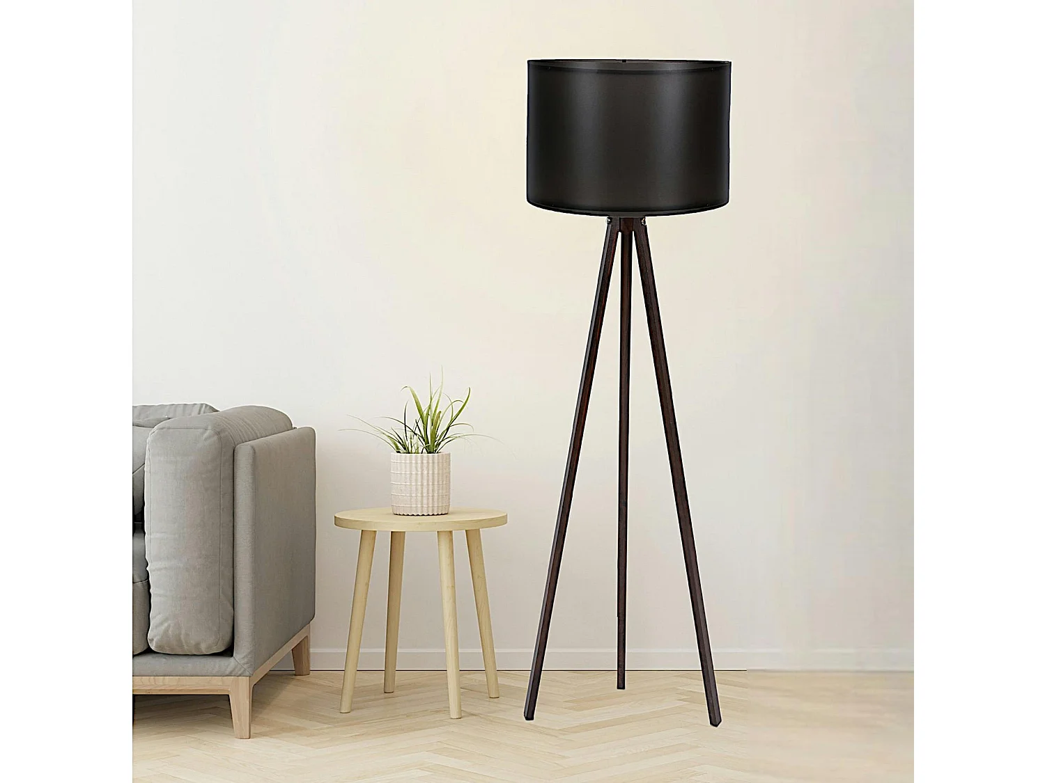 Lampadaire trépied effet noyer et abat-jour noir KILIS