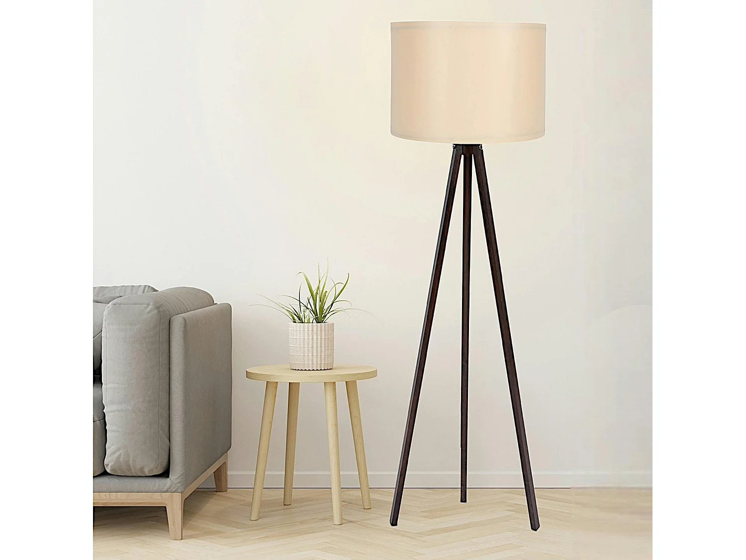 Lampadaire trépied effet noyer et abat-jour beige KILIS