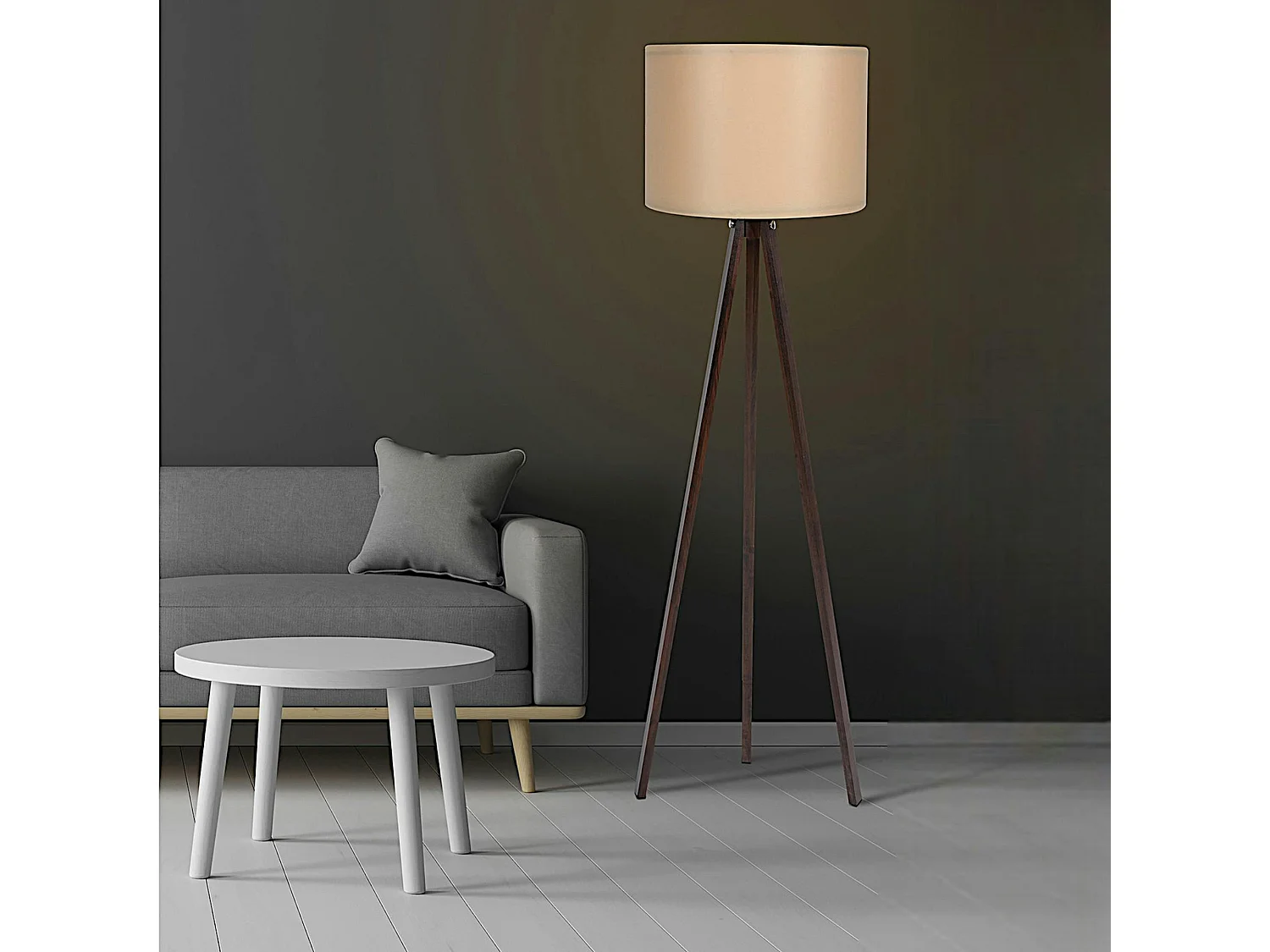 Lampadaire trépied effet noyer et abat-jour beige KILIS