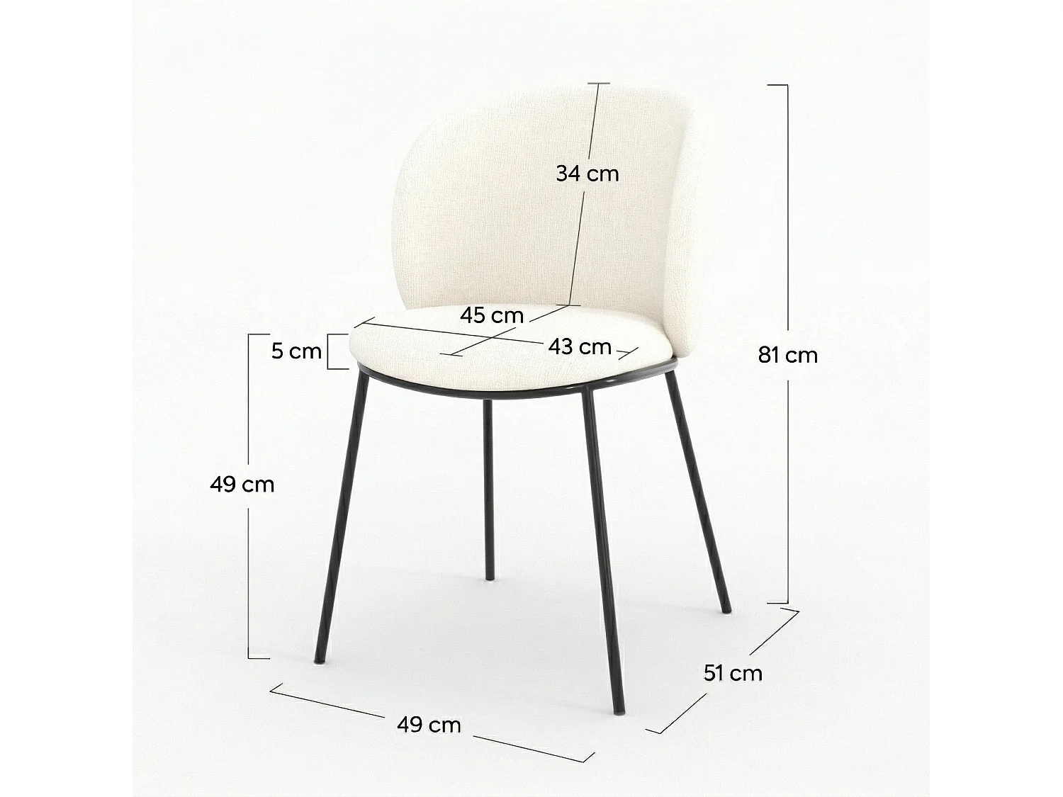 Lot de 2 chaises en tissu doux blanc, pieds métal noir - Bulle