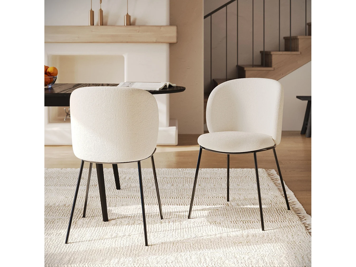 Lot de 2 chaises en tissu doux blanc, pieds métal noir - Bulle