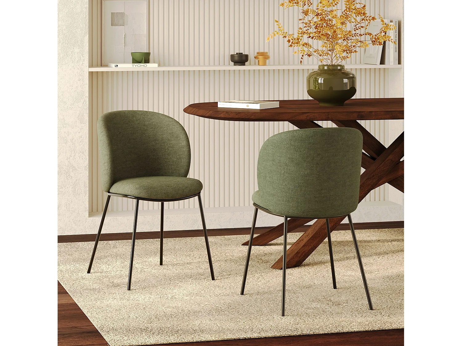 Set di 2 sedie in tessuto verde oliva, gambe in metallo nero - Bulle