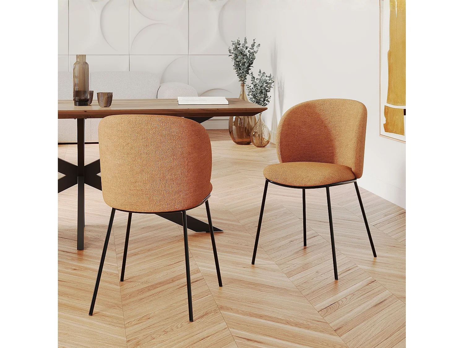 Lot de 2 chaises en tissu jaune moutarde, pieds métal noir - Bulle