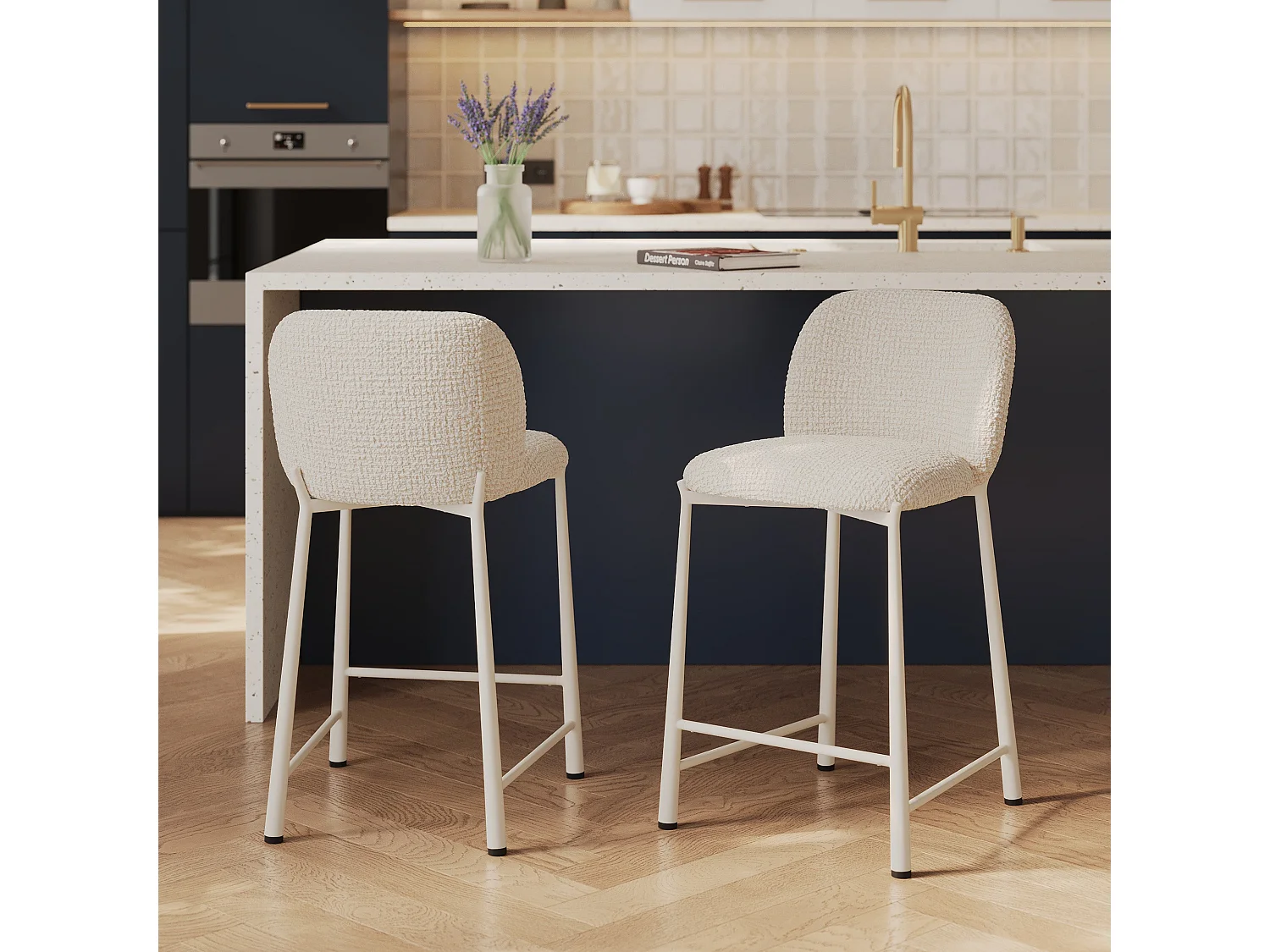 Lot de 2 chaises pour ilot central 65,5 cm, tissu texturé écru chiné - Bento