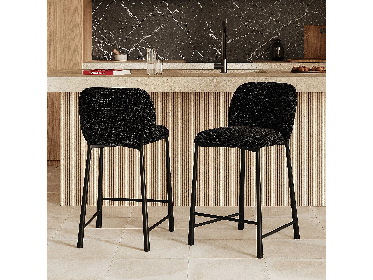 Set di 2 sedie da bar 65,5 cm in tessuto testurizzato nero - Bento