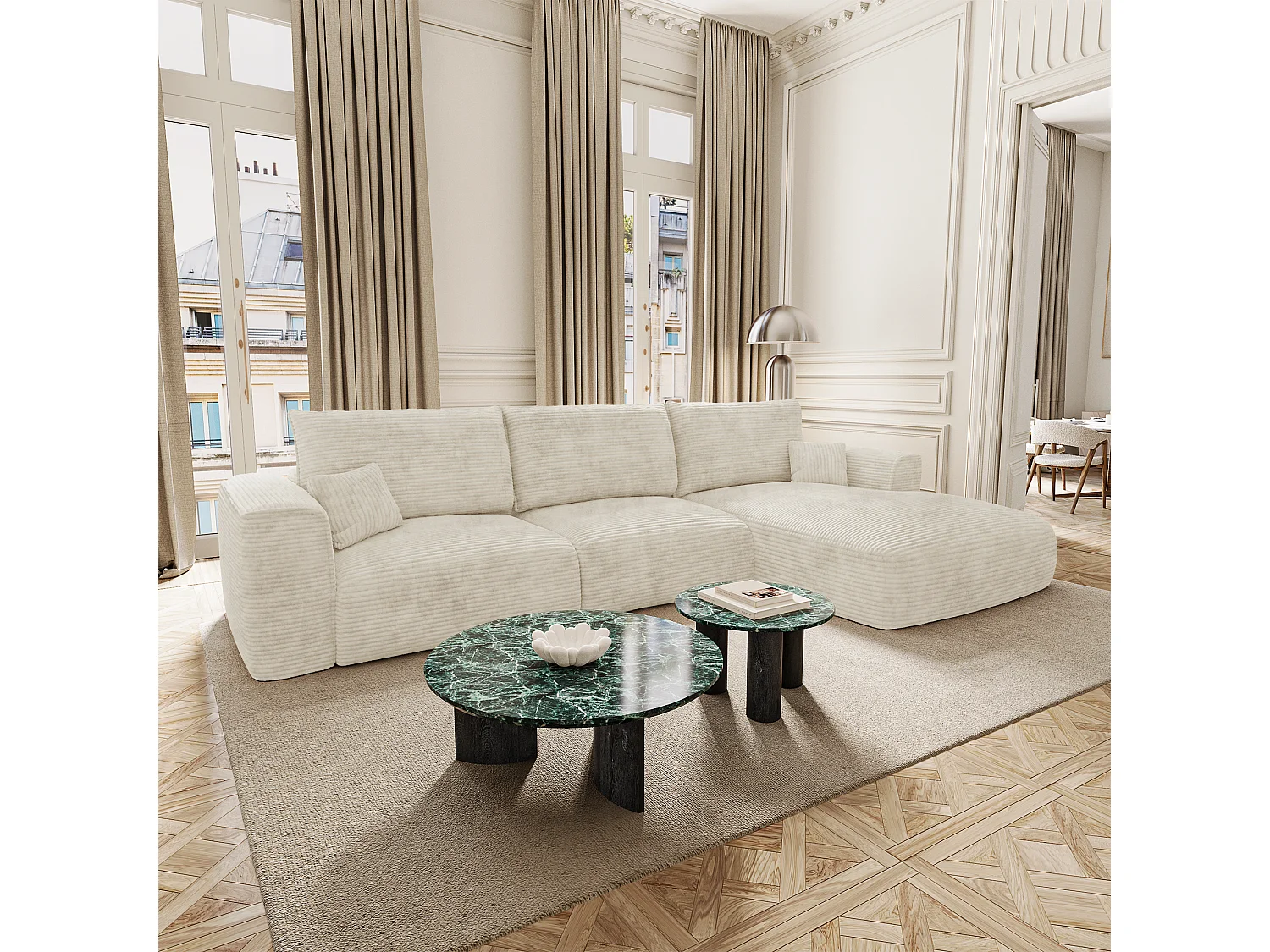 Canapé d'angle droit convertible avec coffre COMO en Velours côtelé