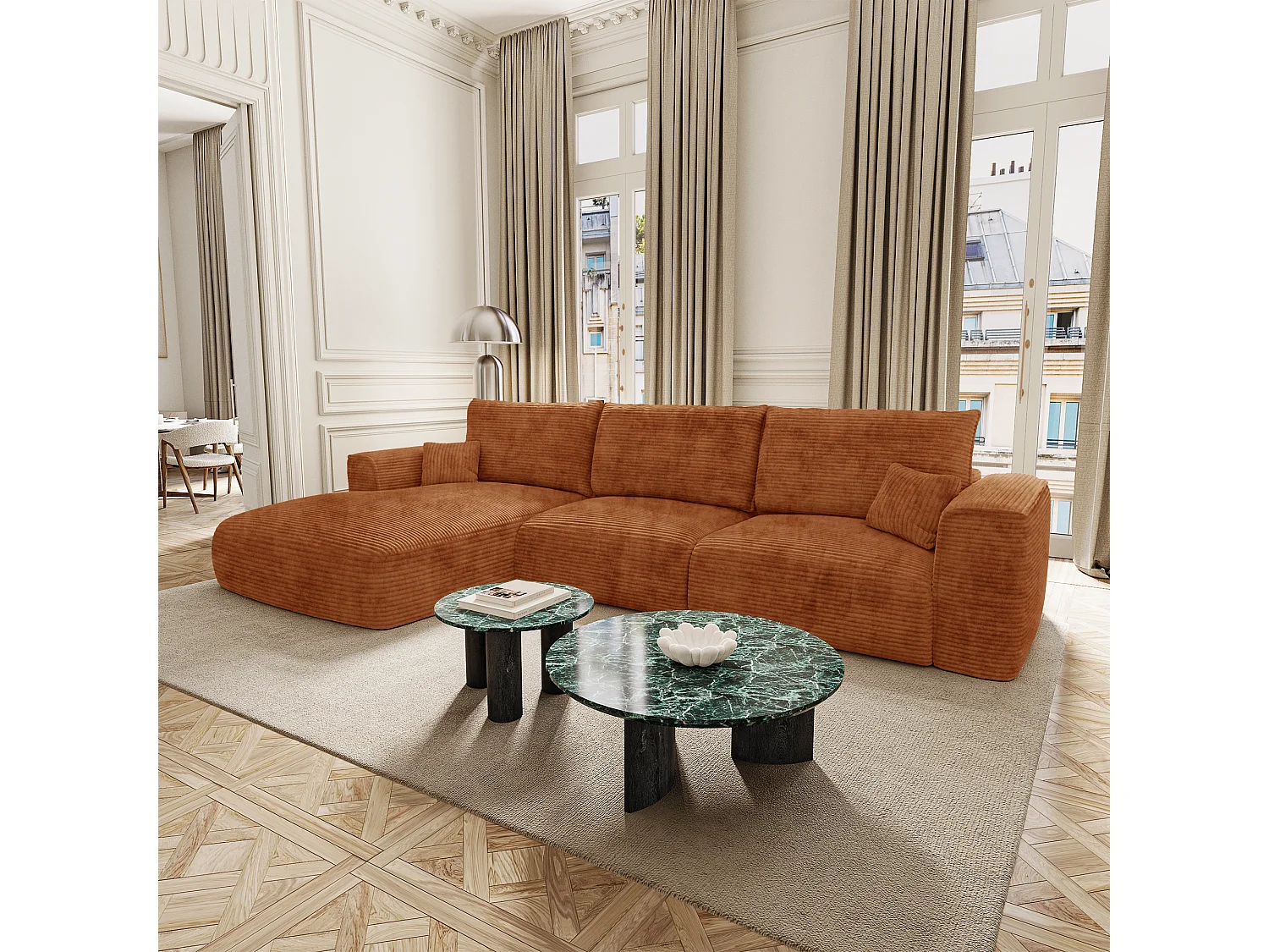 Canapé d'angle gauche convertible avec coffre COMO en Velours côtelé