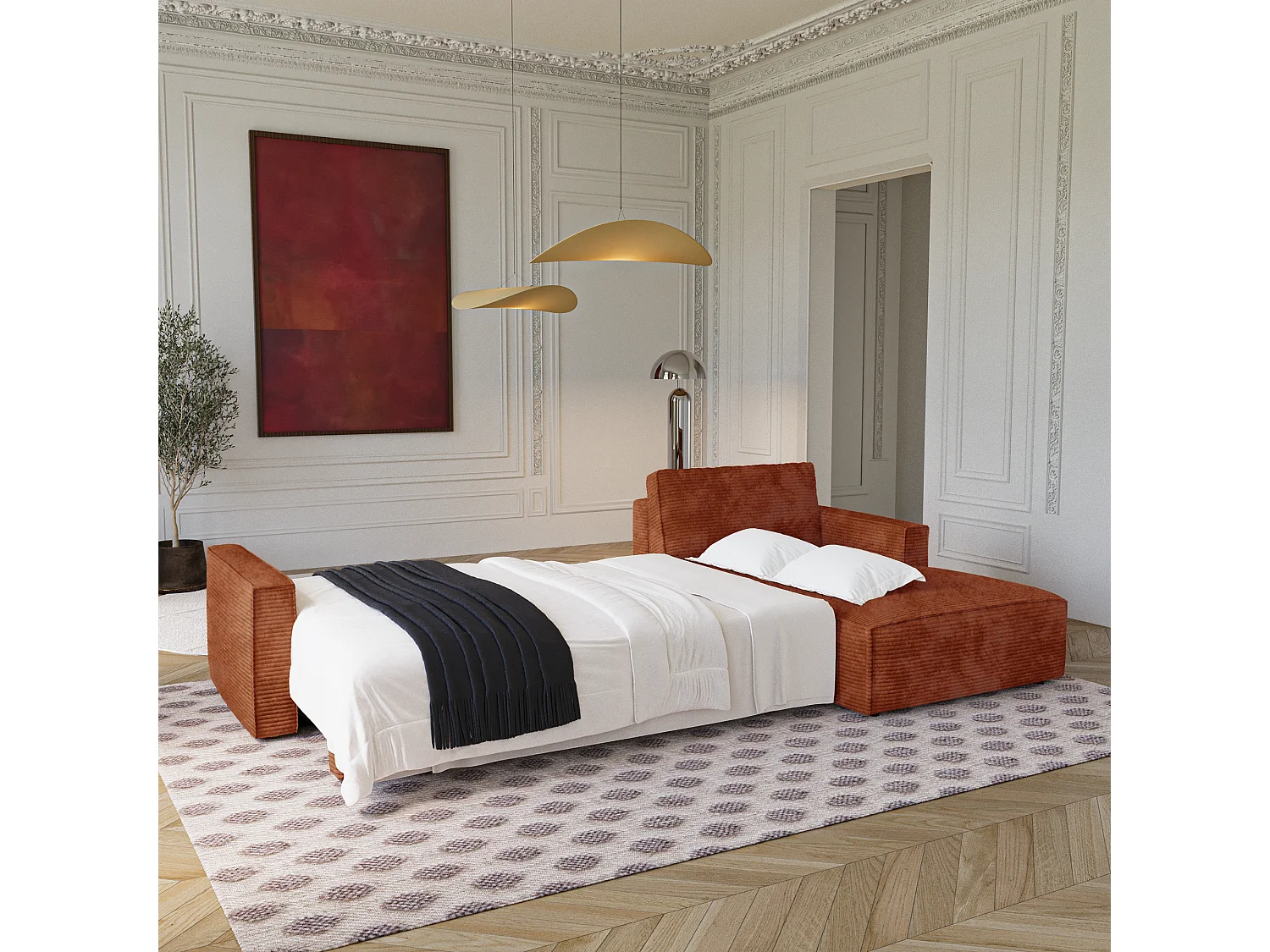 Canapé d'angle droit convertible avec coffre  en Velours côtelé