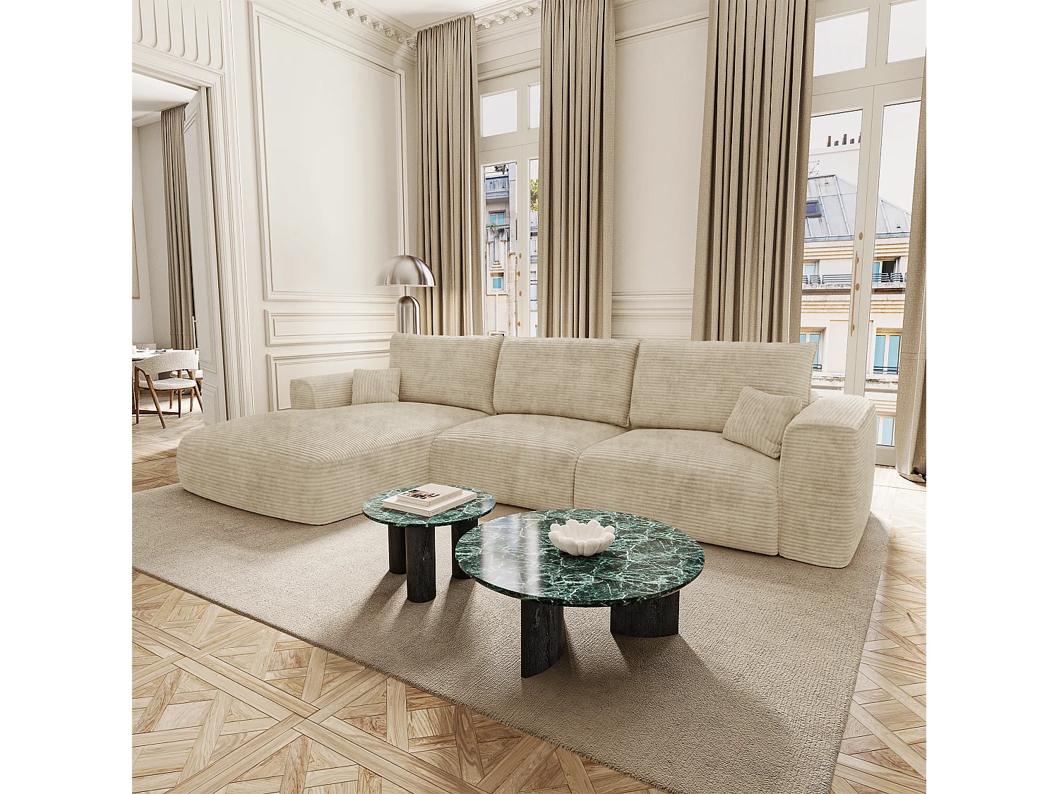 Canapé d'angle gauche convertible avec coffre COMO en Velours côtelé