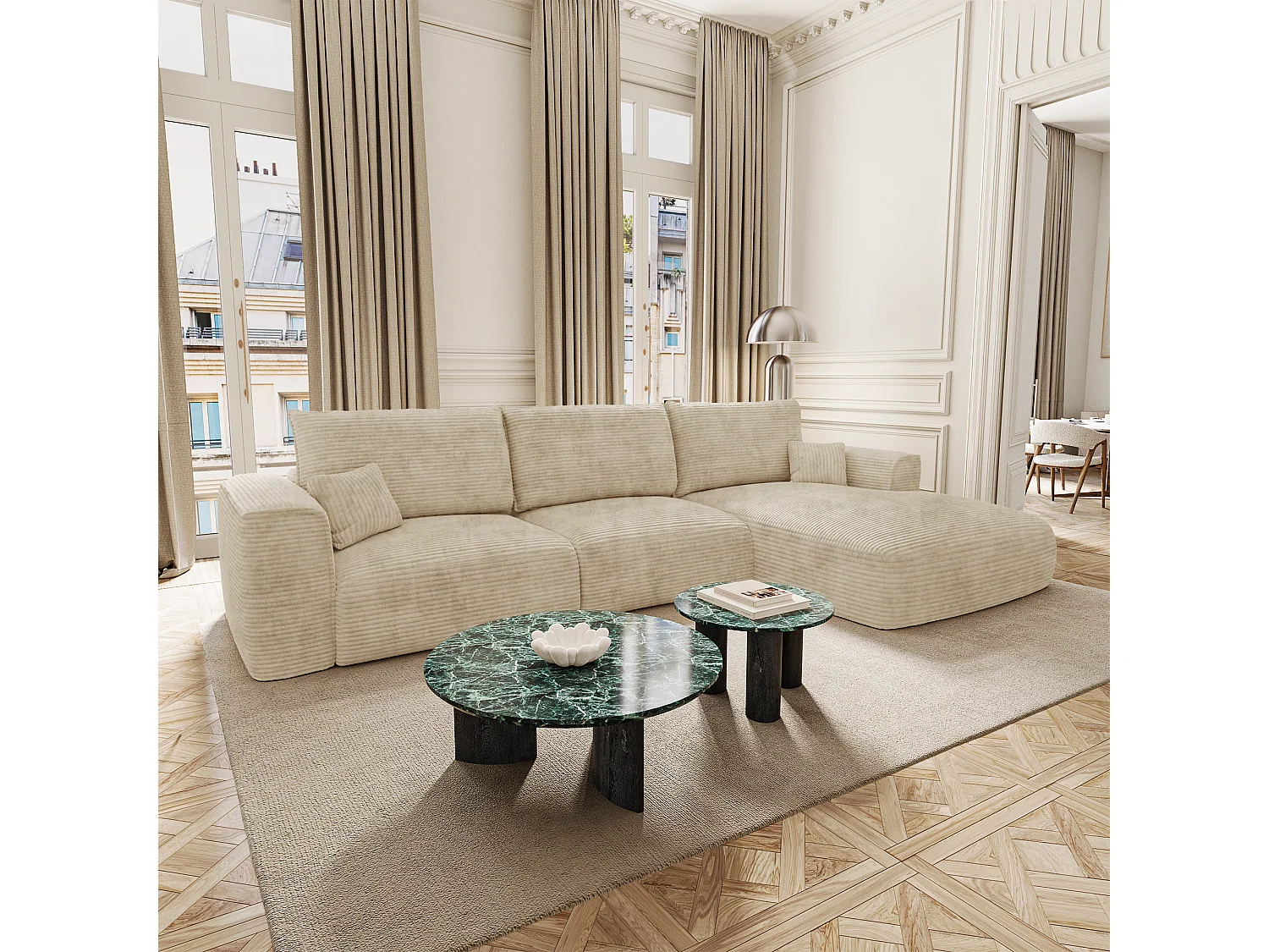 Canapé d'angle droit convertible avec coffre COMO en Velours côtelé