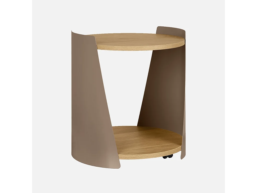 Tavolino in metallo curvato e legno con ruote, marrone