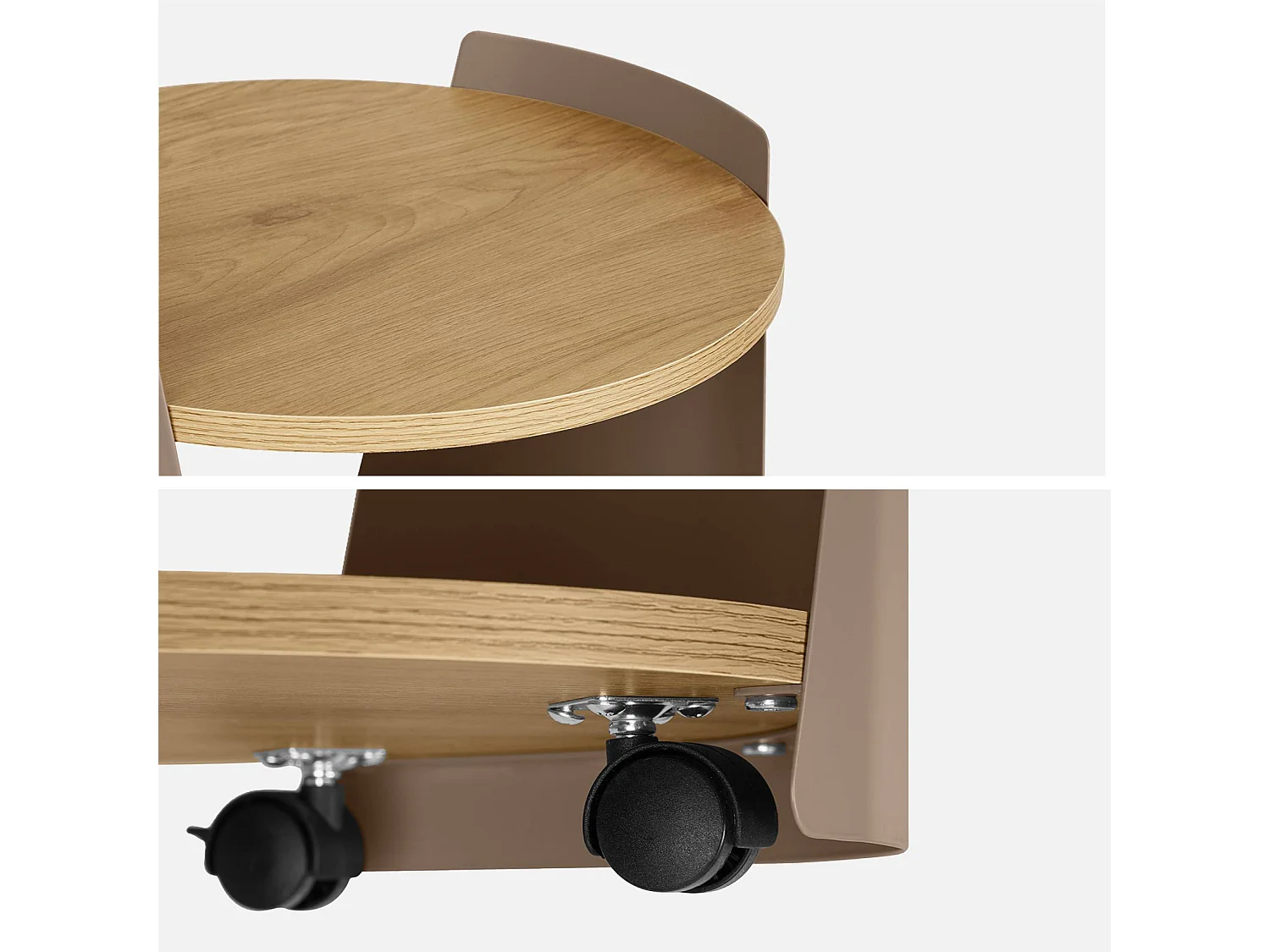 Tavolino in metallo curvato e legno con ruote, marrone