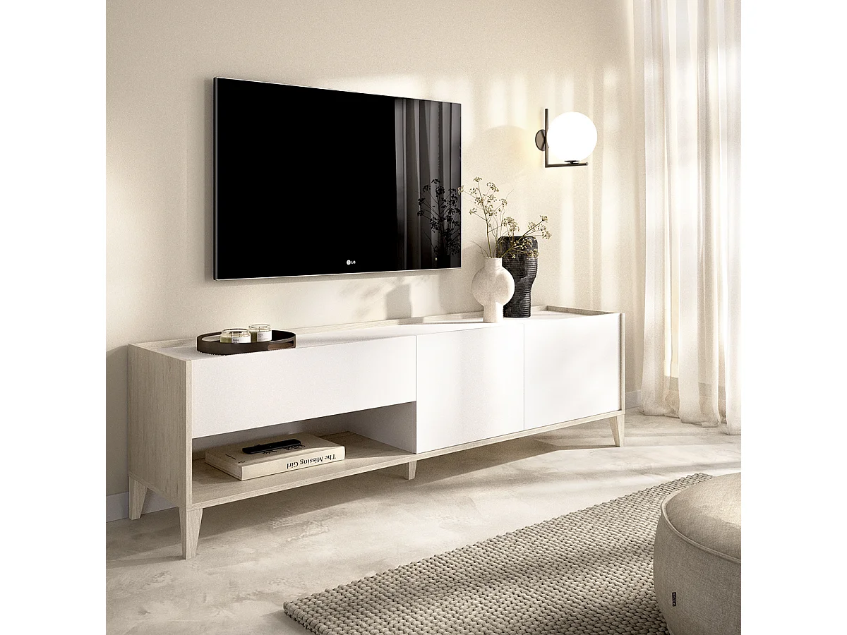 Meuble TV bas avec 2 tiroirs, 2 portes battantes et 1 niche, coloris naturel/blanc - Hauteur 50 x Longueur 150 x Profondeur 39,2 cm