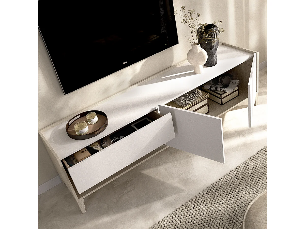 Meuble TV bas avec 2 tiroirs, 2 portes battantes et 1 niche, coloris naturel/blanc - Hauteur 50 x Longueur 150 x Profondeur 39,2 cm