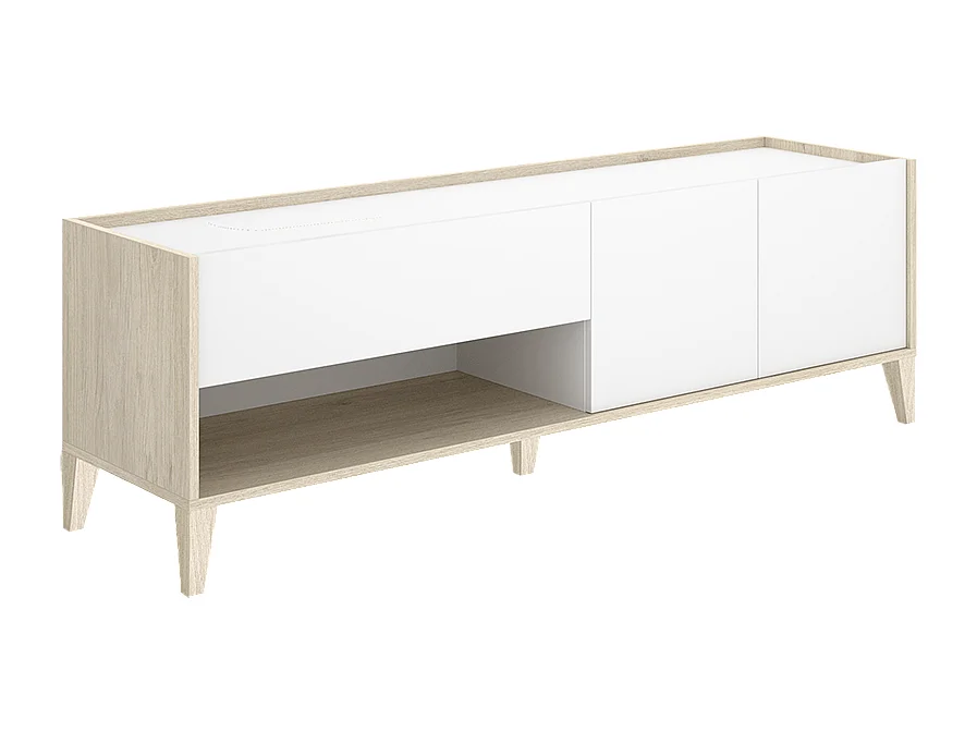 Meuble TV bas avec 2 tiroirs, 2 portes battantes et 1 niche, coloris naturel/blanc - Hauteur 50 x Longueur 150 x Profondeur 39,2 cm