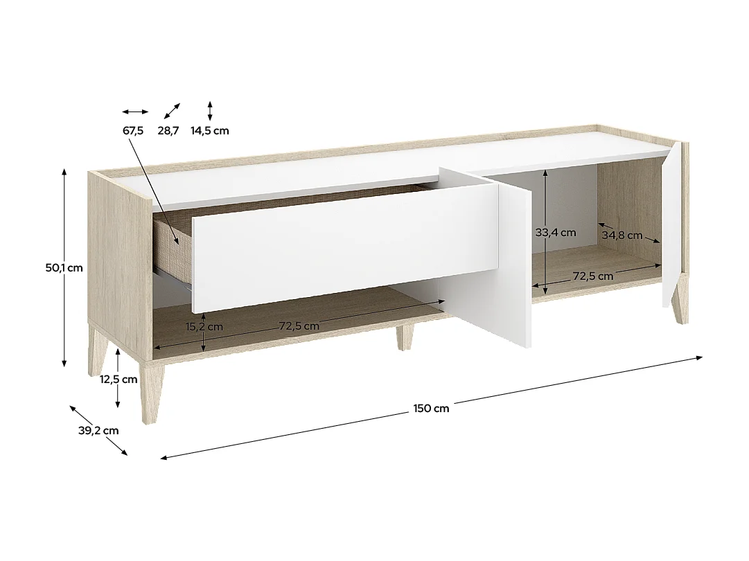Meuble TV bas avec 2 tiroirs, 2 portes battantes et 1 niche, coloris naturel/blanc - Hauteur 50 x Longueur 150 x Profondeur 39,2 cm
