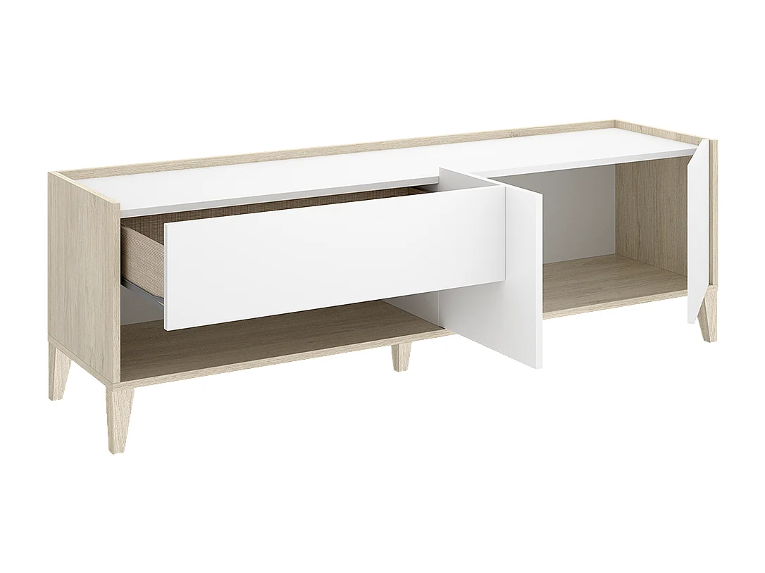 Meuble TV bas avec 2 tiroirs, 2 portes battantes et 1 niche, coloris naturel/blanc - Hauteur 50 x Longueur 150 x Profondeur 39,2 cm