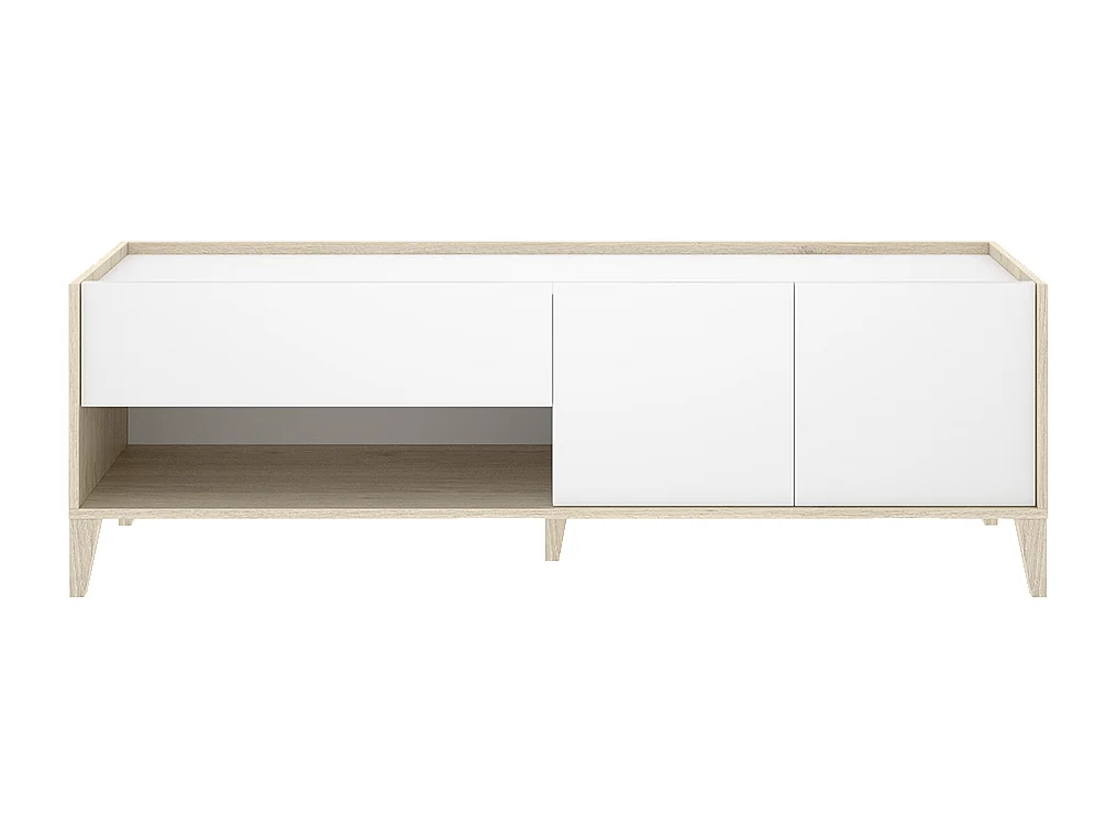 Meuble TV bas avec 2 tiroirs, 2 portes battantes et 1 niche, coloris naturel/blanc - Hauteur 50 x Longueur 150 x Profondeur 39,2 cm