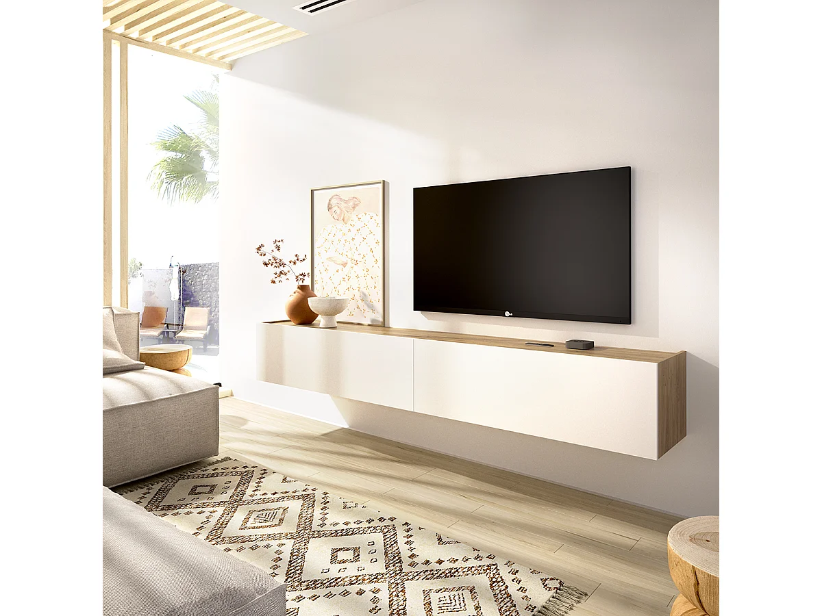 Meuble TV suspendu avec 2 portes abattantes, coloris chêne sonoma/blanc - Hauteur 29 x Longueur 180 x Profondeur 35 cm