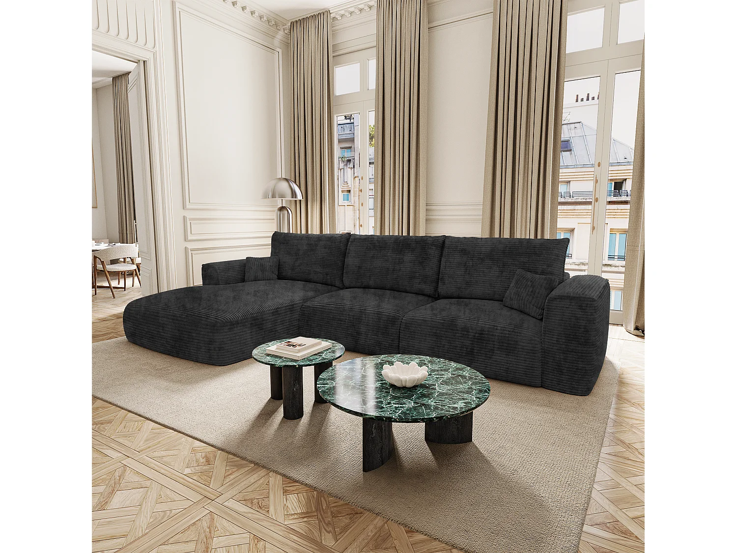 Canapé d'angle gauche convertible avec coffre COMO en Velours côtelé