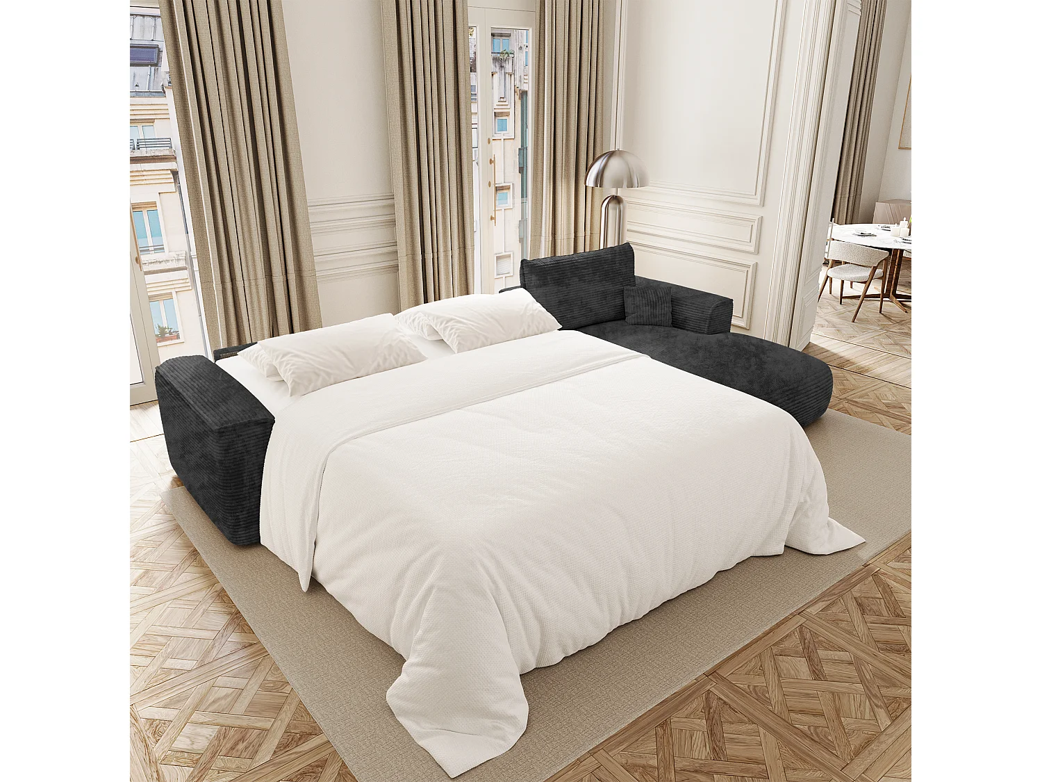 Canapé d'angle droit convertible express COMO en Velours côtelé