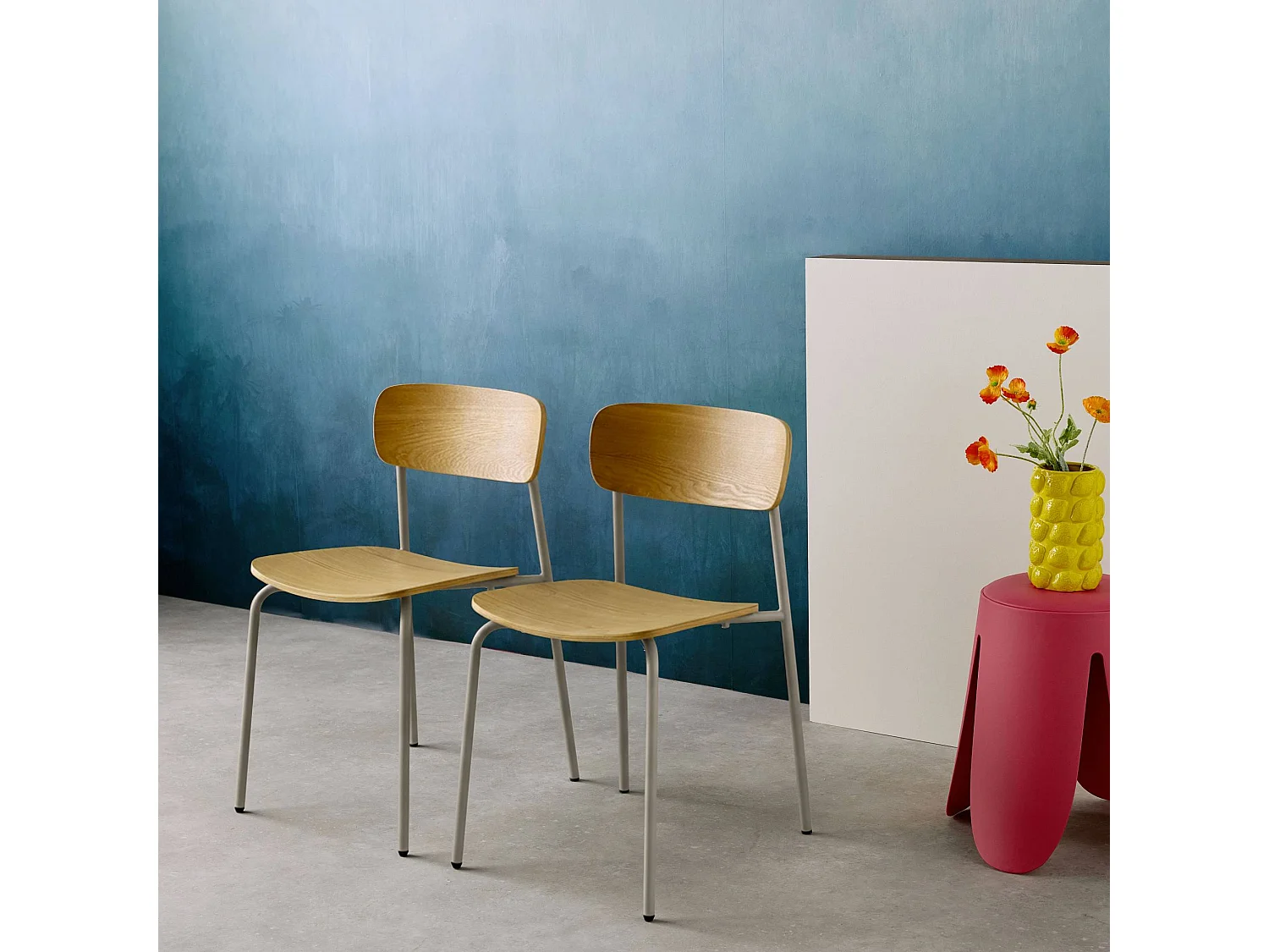 Lot de 2 chaises vintage contreplaqué avec placage bois effet frêne et pieds métal beige L 43.5 x P 51 x H 77cm - Toby