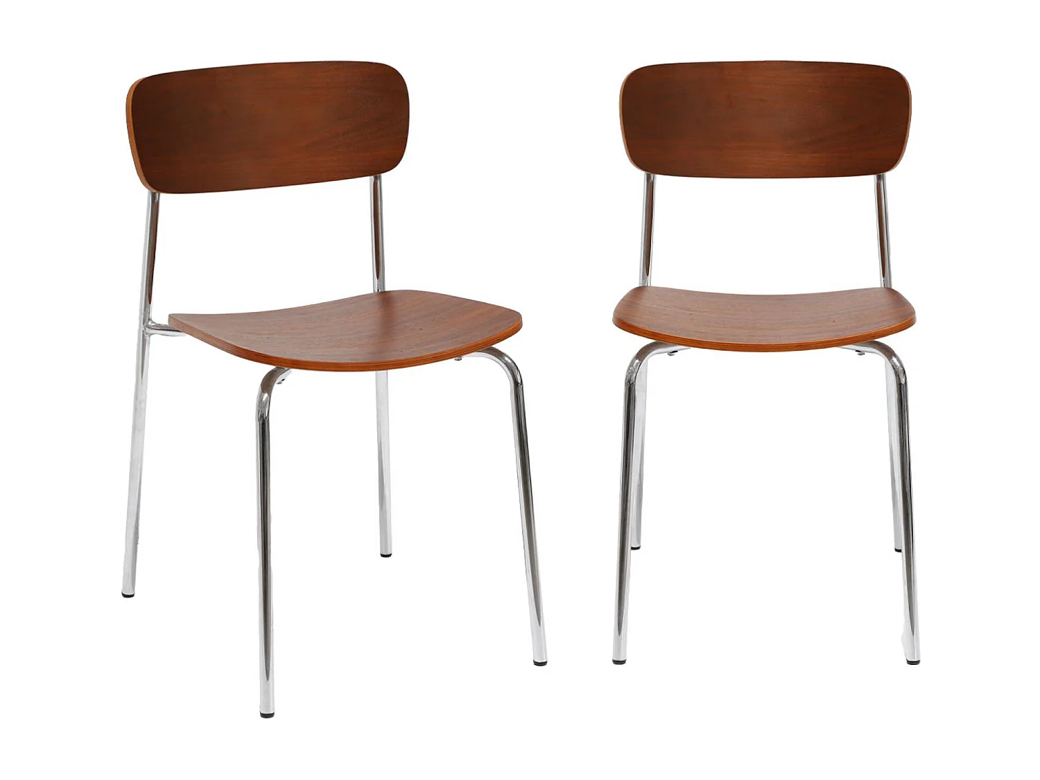Lot de 2 chaises vintage contreplaqué avec placage bois effet noyer et pieds métal chromé L 43.5 x P 51 x H 77cm - Toby