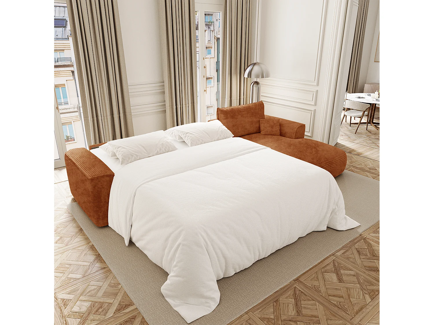 Canapé d'angle droit convertible express COMO en Velours côtelé