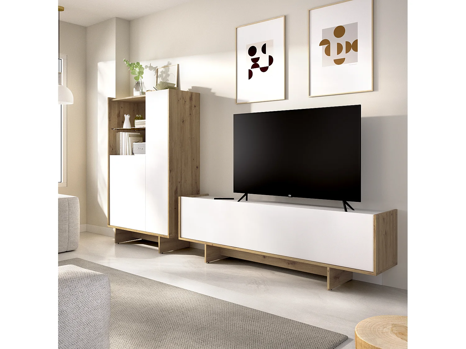 Ensemble de séjour, Meuble TV à porte abattante + Buffet haut avec niche ouverte et 2 portes, coloris blanc/chêne sonoma