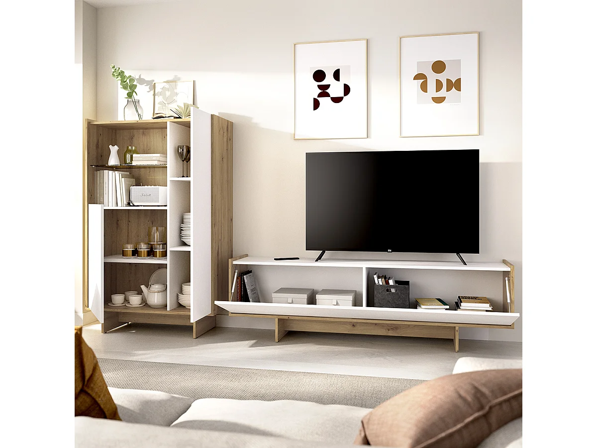Ensemble de séjour, Meuble TV à porte abattante + Buffet haut avec niche ouverte et 2 portes, coloris blanc/chêne sonoma
