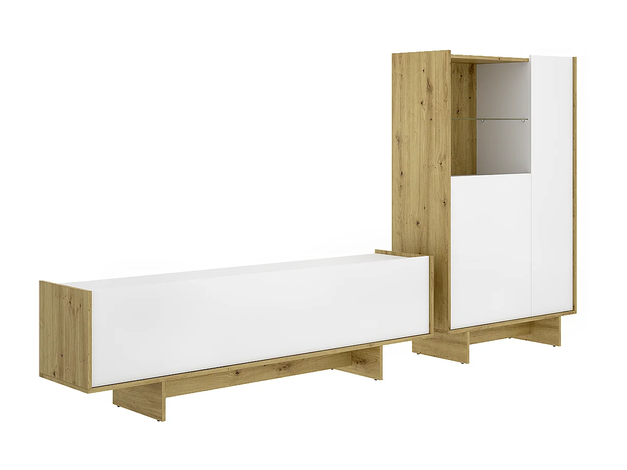 Ensemble de séjour, Meuble TV à porte abattante + Buffet haut avec niche ouverte et 2 portes, coloris blanc/chêne sonoma