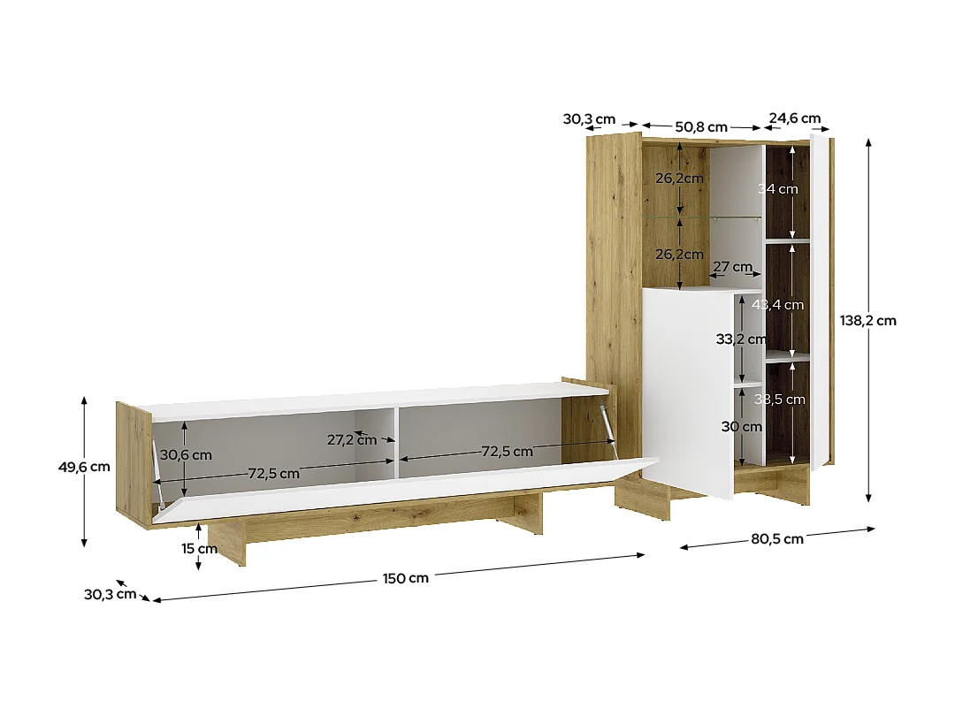 Ensemble de séjour, Meuble TV à porte abattante + Buffet haut avec niche ouverte et 2 portes, coloris blanc/chêne sonoma