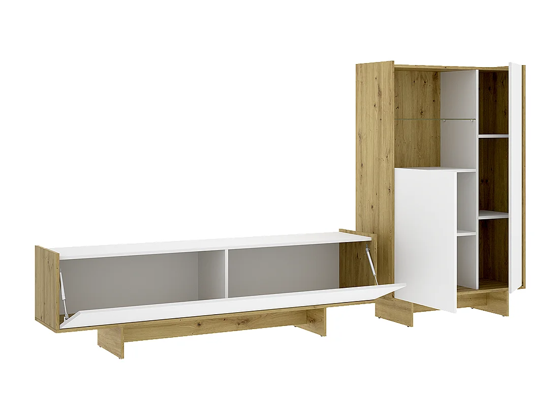 Ensemble de séjour, Meuble TV à porte abattante + Buffet haut avec niche ouverte et 2 portes, coloris blanc/chêne sonoma