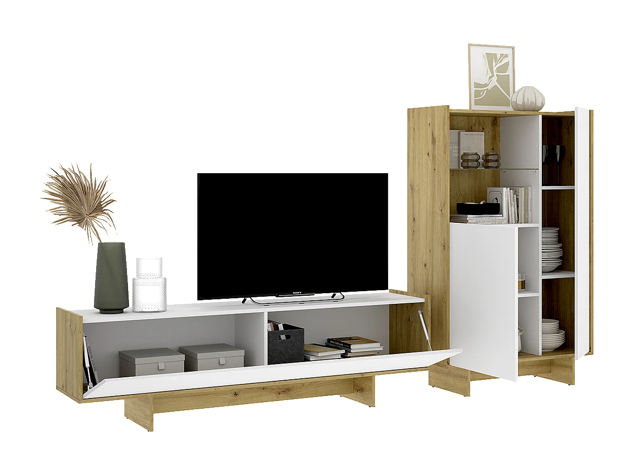 Ensemble de séjour, Meuble TV à porte abattante + Buffet haut avec niche ouverte et 2 portes, coloris blanc/chêne sonoma