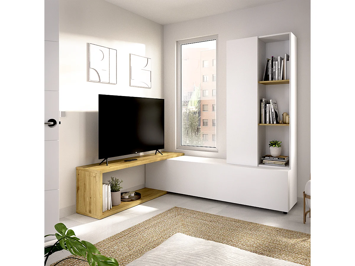 Meuble TV avec colonne de rangement de 3 étagères ouvertes et caisson horizontal modulable, coloris blanc/chêne sonoma