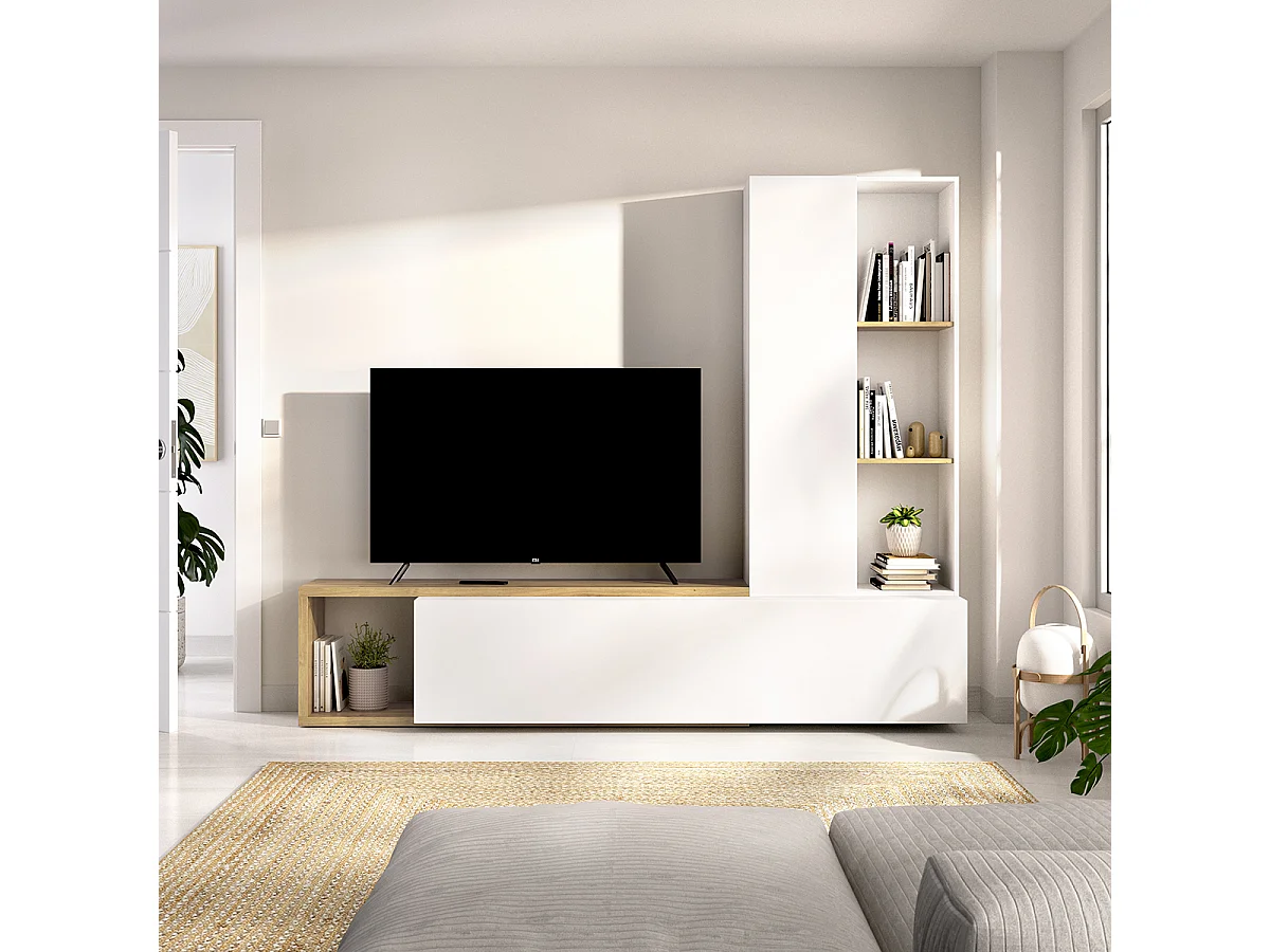 Meuble TV avec colonne de rangement de 3 étagères ouvertes et caisson horizontal modulable, coloris blanc/chêne sonoma