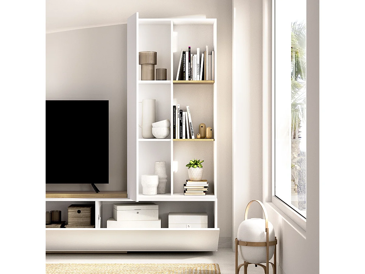 Meuble TV avec colonne de rangement de 3 étagères ouvertes et caisson horizontal modulable, coloris blanc/chêne sonoma