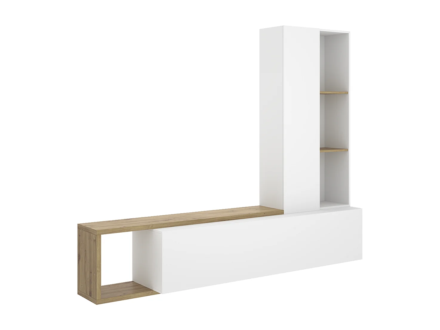 Meuble TV avec colonne de rangement de 3 étagères ouvertes et caisson horizontal modulable, coloris blanc/chêne sonoma
