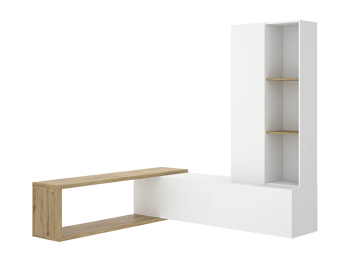 Meuble TV avec colonne de rangement de 3 étagères ouvertes et caisson horizontal modulable, coloris blanc/chêne sonoma