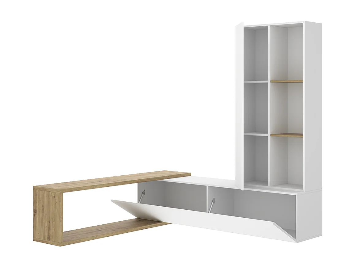 Meuble TV avec colonne de rangement de 3 étagères ouvertes et caisson horizontal modulable, coloris blanc/chêne sonoma