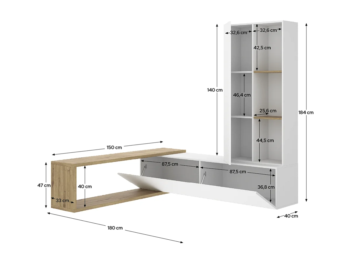 Meuble TV avec colonne de rangement de 3 étagères ouvertes et caisson horizontal modulable, coloris blanc/chêne sonoma