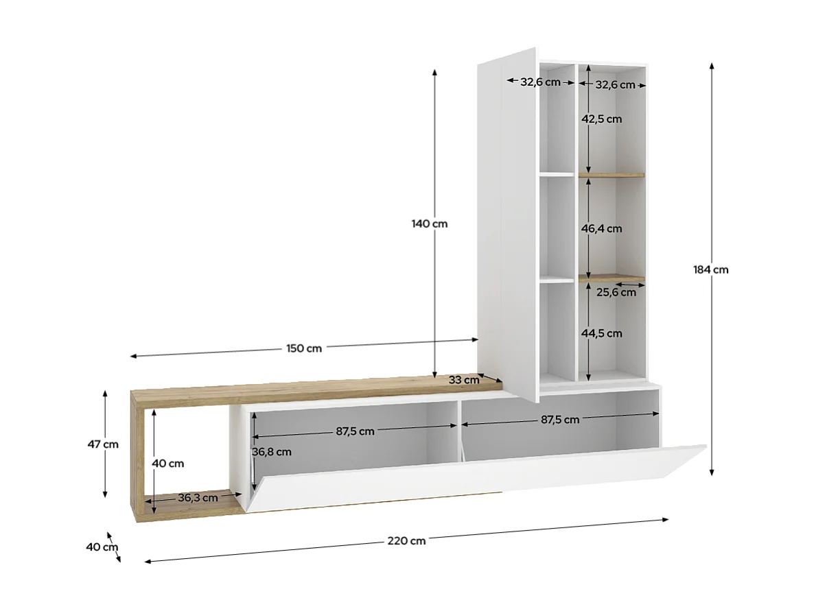 Meuble TV avec colonne de rangement de 3 étagères ouvertes et caisson horizontal modulable, coloris blanc/chêne sonoma