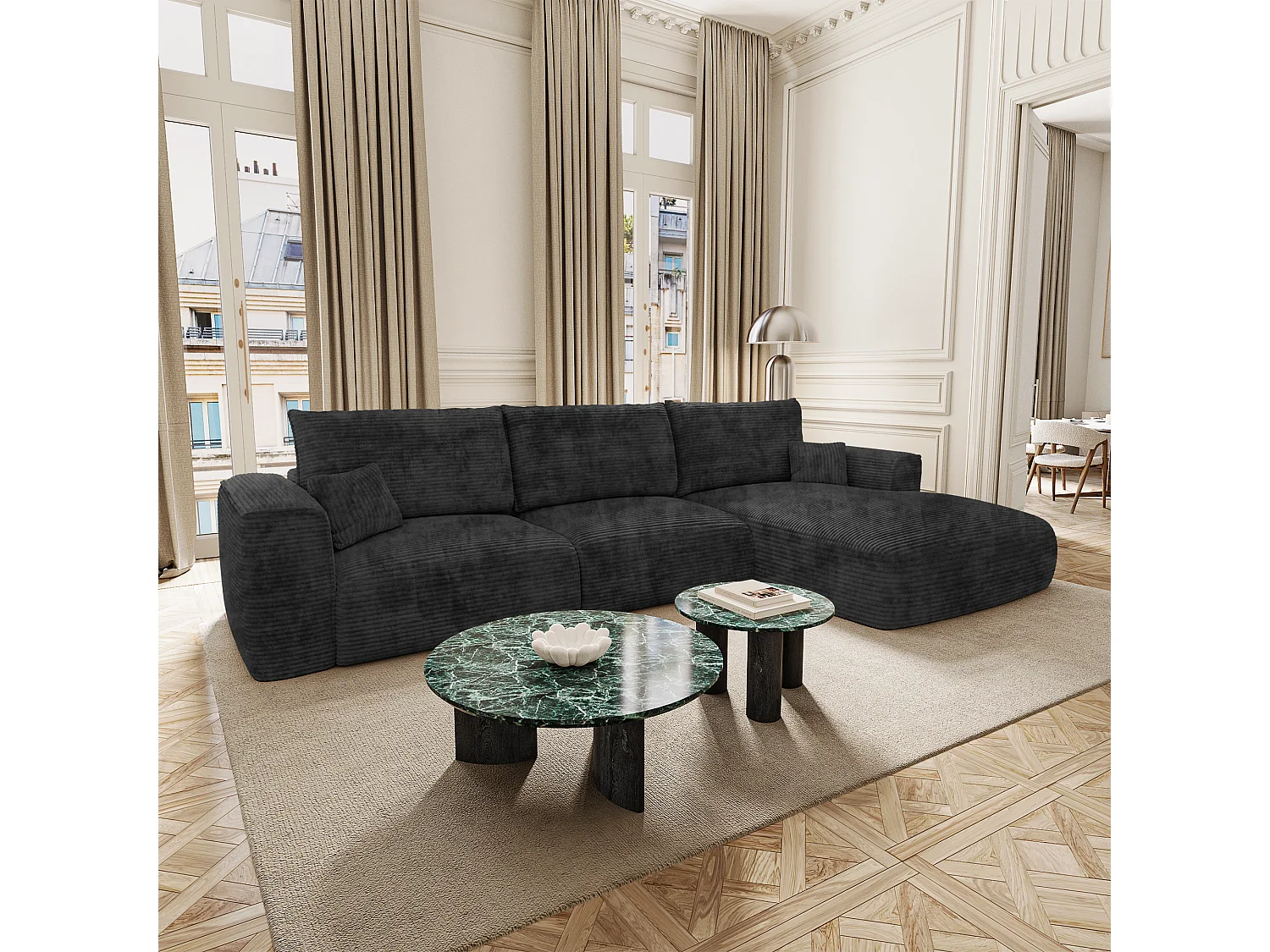 Canapé d'angle droit convertible avec coffre COMO en Velours côtelé