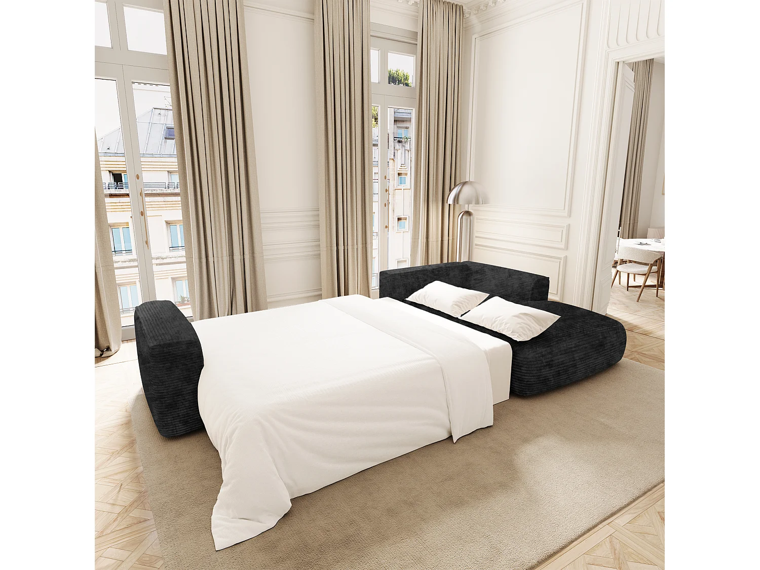 Canapé d'angle droit convertible avec coffre COMO en Velours côtelé