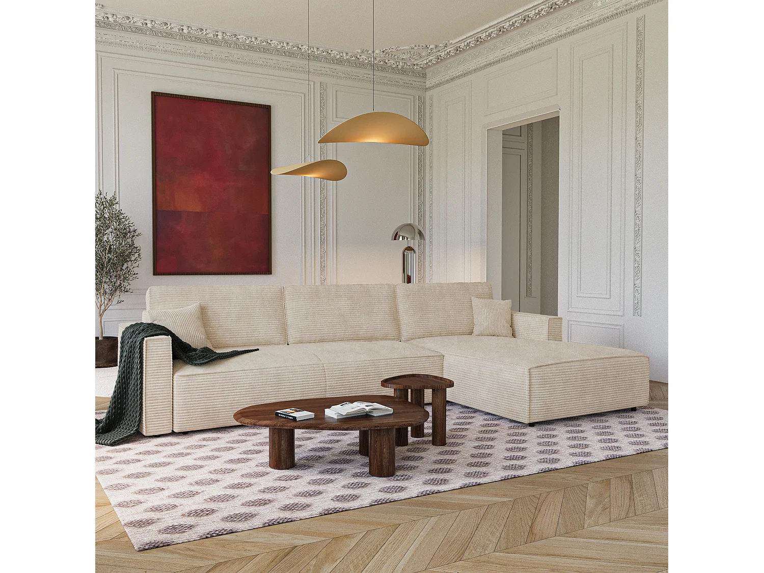 Canapé d'angle droit convertible avec coffre  en Velours côtelé