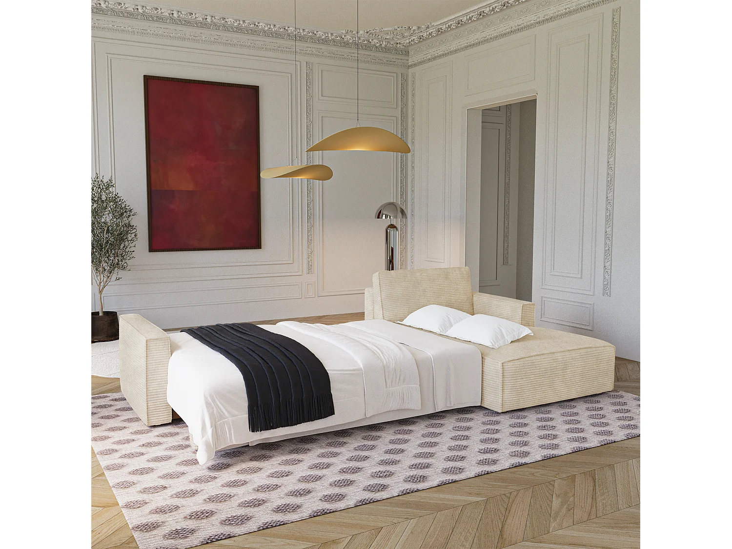 Canapé d'angle droit convertible avec coffre  en Velours côtelé