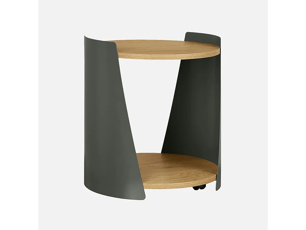 Tavolino in metallo curvato e legno con ruote, verde