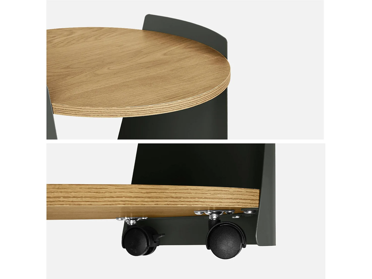 Tavolino in metallo curvato e legno con ruote, verde