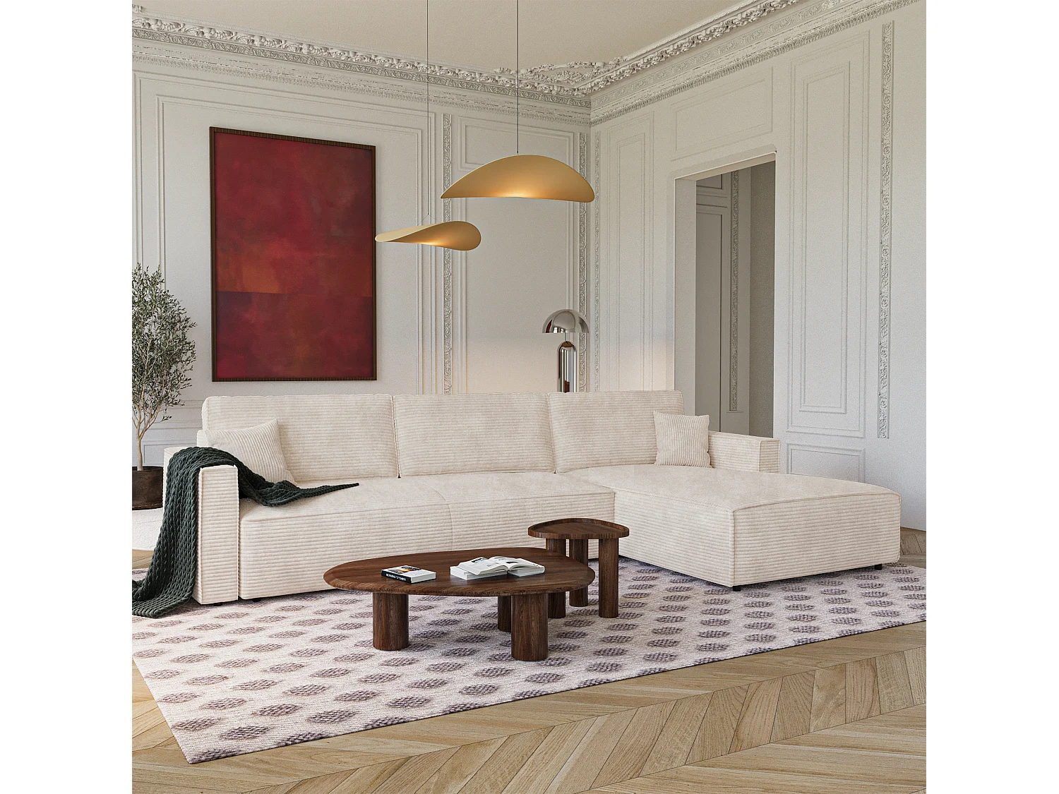 Canapé d'angle droit convertible avec coffre  en Velours côtelé