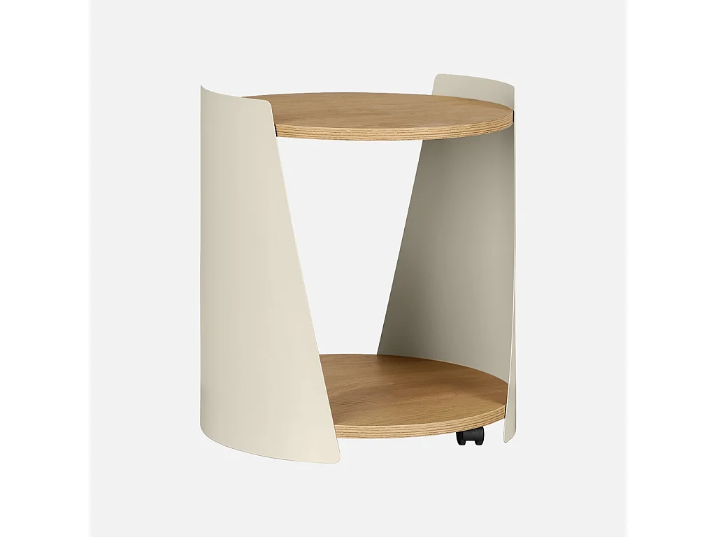 Tavolino in metallo curvato e legno con ruote, beige